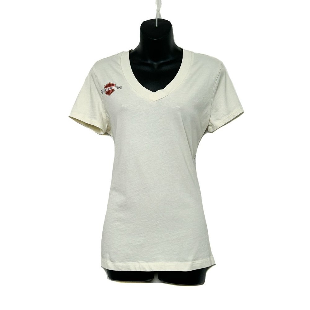 Harley Davidson Womens SS Cream Shirt Logo Left Chest Large Logo Back Size M